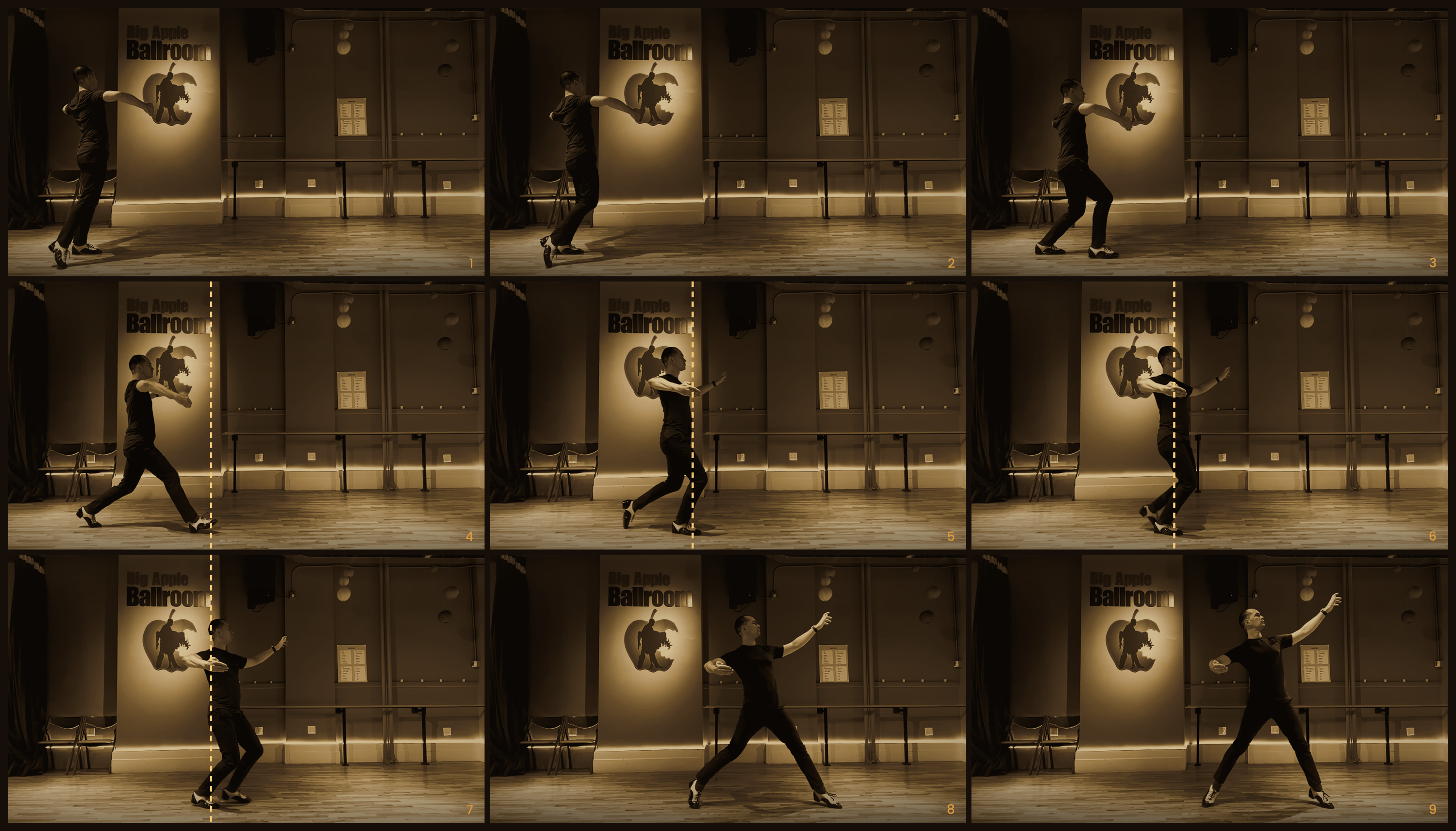 Nine frames of Michael Choi dancing the forward swing of a Natural Turn, in a three-by-three grid. A dashed amber line marks the vertical through the supporting foot; across the four highlighted frames the body travels clearly past it while the free leg is still behind.